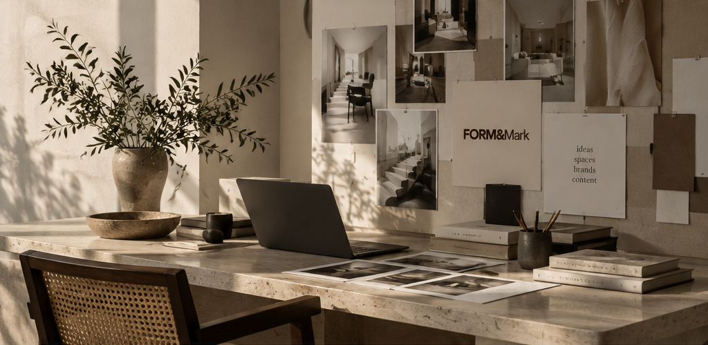 AI-generated editorial visual of a sunlit creative workspace